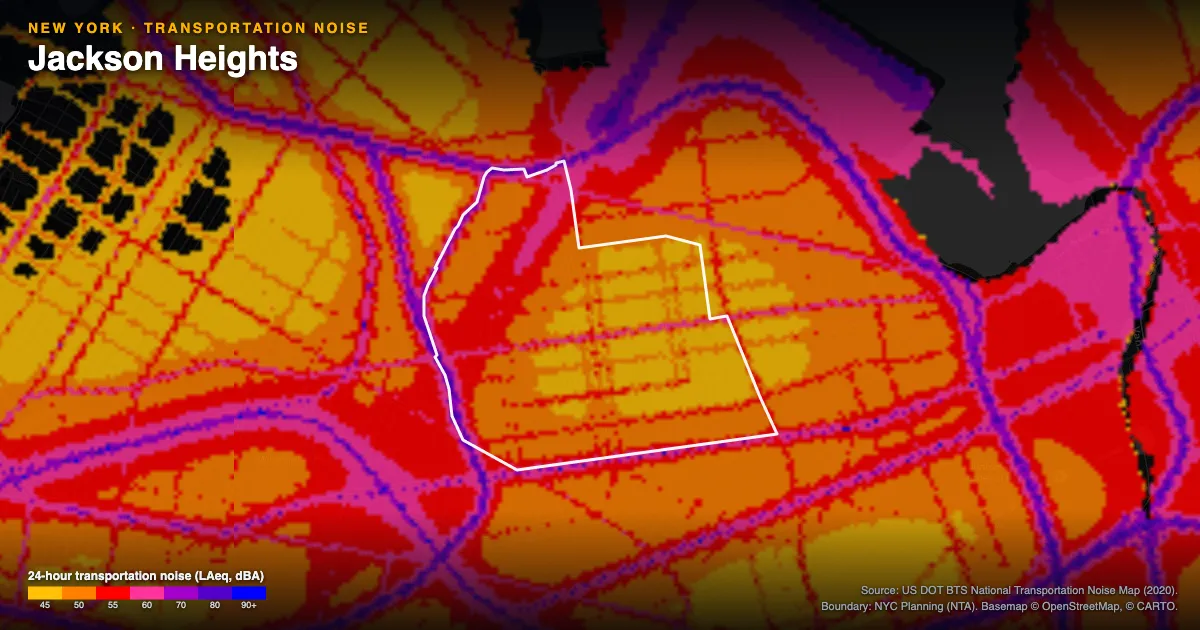 Transportation-noise map of Jackson Heights, New York: the neighborhood outlined in white over modeled road, rail and aircraft noise, colored from amber (about 45 dBA) through red and purple to blue (90 dBA and up).