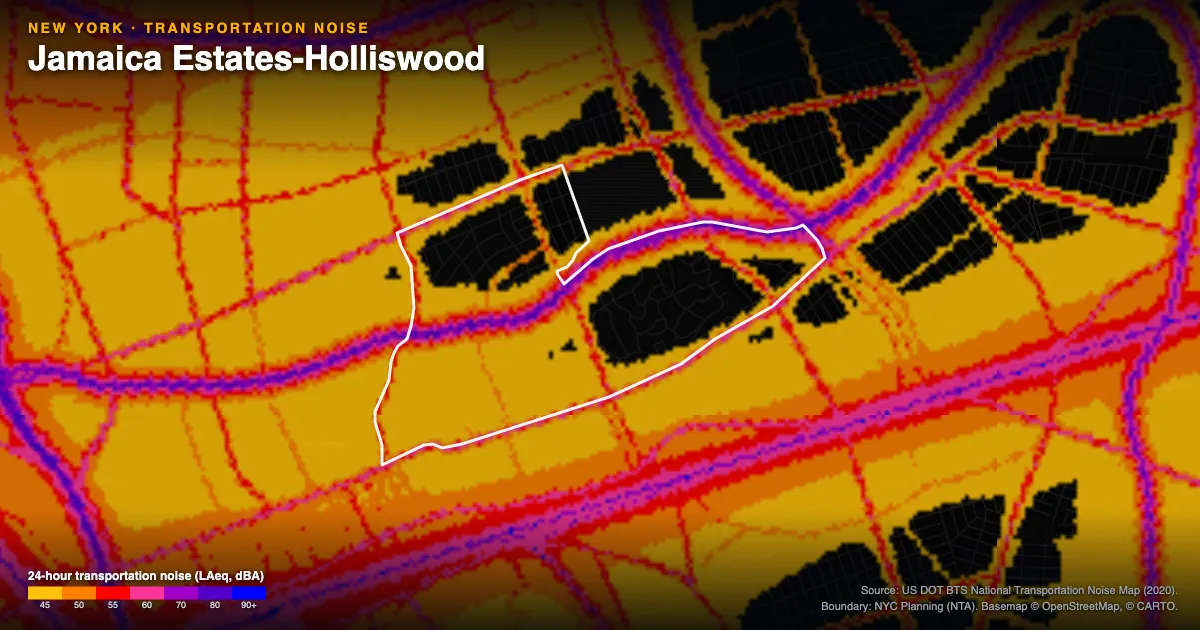 Transportation-noise map of Jamaica Estates-Holliswood, New York: the neighborhood outlined in white over modeled road, rail and aircraft noise, colored from amber (about 45 dBA) through red and purple to blue (90 dBA and up).