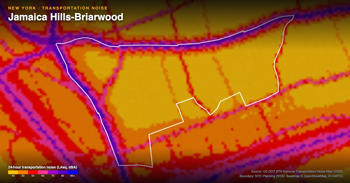 Transportation-noise map of Jamaica Hills-Briarwood, New York: the neighborhood outlined in white over modeled road, rail and aircraft noise, colored from amber (about 45 dBA) through red and purple to blue (90 dBA and up).