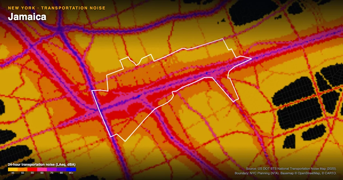 Transportation-noise map of Jamaica, New York: the neighborhood outlined in white over modeled road, rail and aircraft noise, colored from amber (about 45 dBA) through red and purple to blue (90 dBA and up).