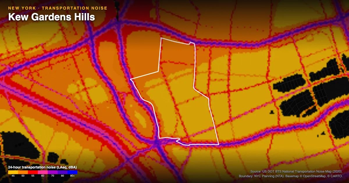 Transportation-noise map of Kew Gardens Hills, New York: the neighborhood outlined in white over modeled road, rail and aircraft noise, colored from amber (about 45 dBA) through red and purple to blue (90 dBA and up).
