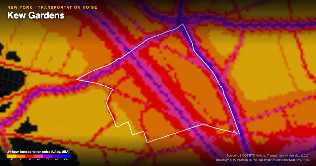 Transportation-noise map of Kew Gardens, New York: the neighborhood outlined in white over modeled road, rail and aircraft noise, colored from amber (about 45 dBA) through red and purple to blue (90 dBA and up).