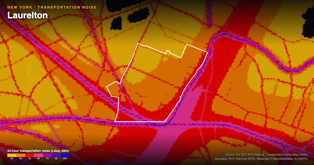 Transportation-noise map of Laurelton, New York: the neighborhood outlined in white over modeled road, rail and aircraft noise, colored from amber (about 45 dBA) through red and purple to blue (90 dBA and up).