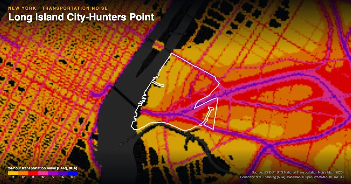 Transportation-noise map of Long Island City-Hunters Point, New York: the neighborhood outlined in white over modeled road, rail and aircraft noise, colored from amber (about 45 dBA) through red and purple to blue (90 dBA and up).