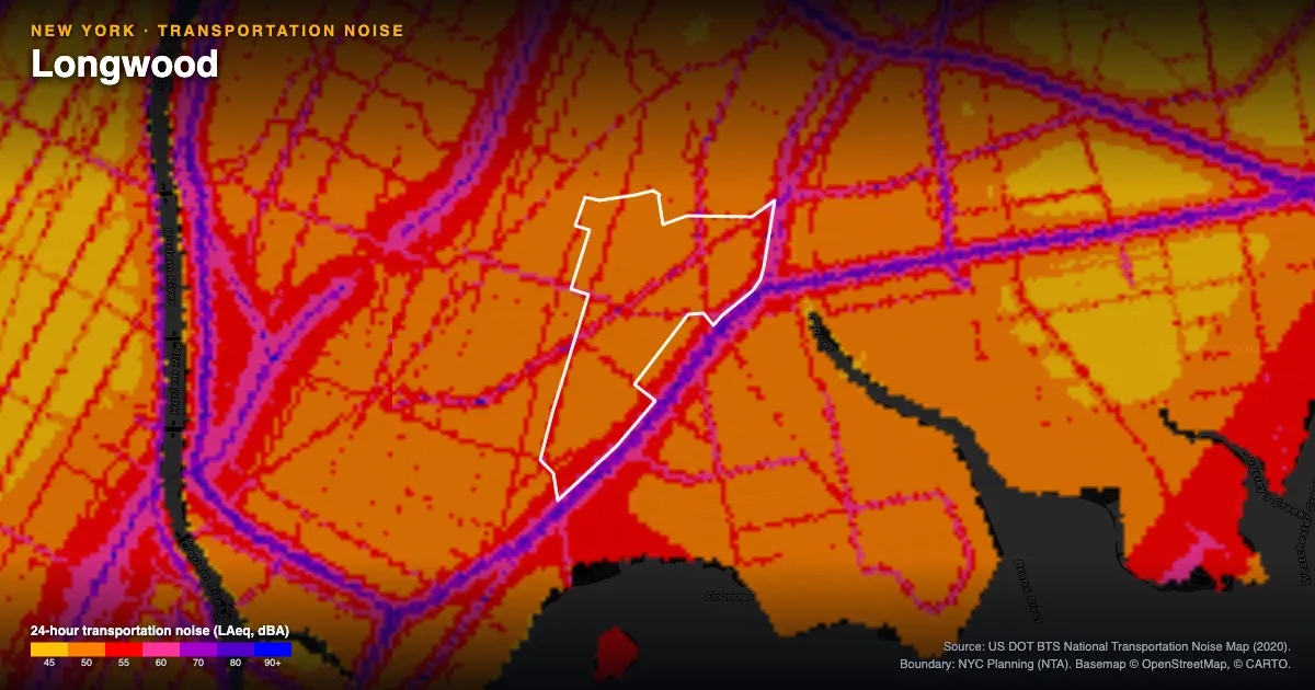 Transportation-noise map of Longwood, New York: the neighborhood outlined in white over modeled road, rail and aircraft noise, colored from amber (about 45 dBA) through red and purple to blue (90 dBA and up).
