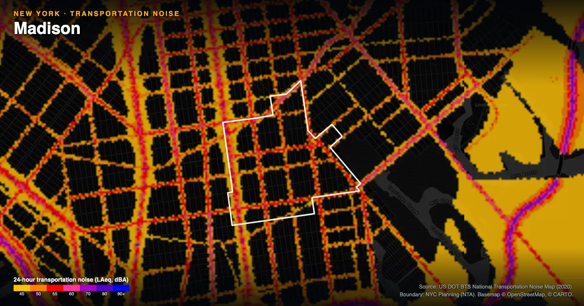 Transportation-noise map of Madison, New York: the neighborhood outlined in white over modeled road, rail and aircraft noise, colored from amber (about 45 dBA) through red and purple to blue (90 dBA and up).