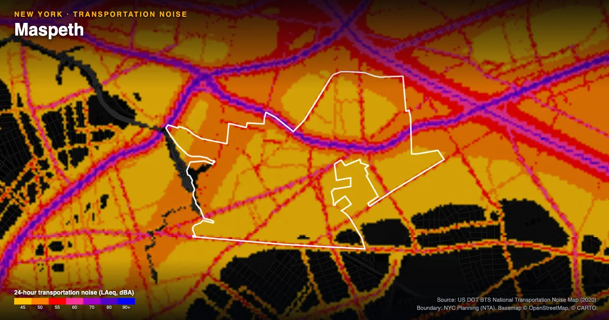 Transportation-noise map of Maspeth, New York: the neighborhood outlined in white over modeled road, rail and aircraft noise, colored from amber (about 45 dBA) through red and purple to blue (90 dBA and up).