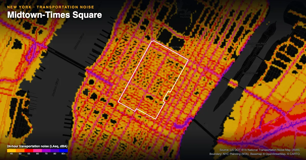 Transportation-noise map of Midtown-Times Square, New York: the neighborhood outlined in white over modeled road, rail and aircraft noise, colored from amber (about 45 dBA) through red and purple to blue (90 dBA and up).