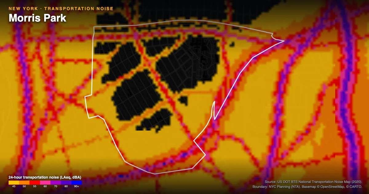Transportation-noise map of Morris Park, New York: the neighborhood outlined in white over modeled road, rail and aircraft noise, colored from amber (about 45 dBA) through red and purple to blue (90 dBA and up).