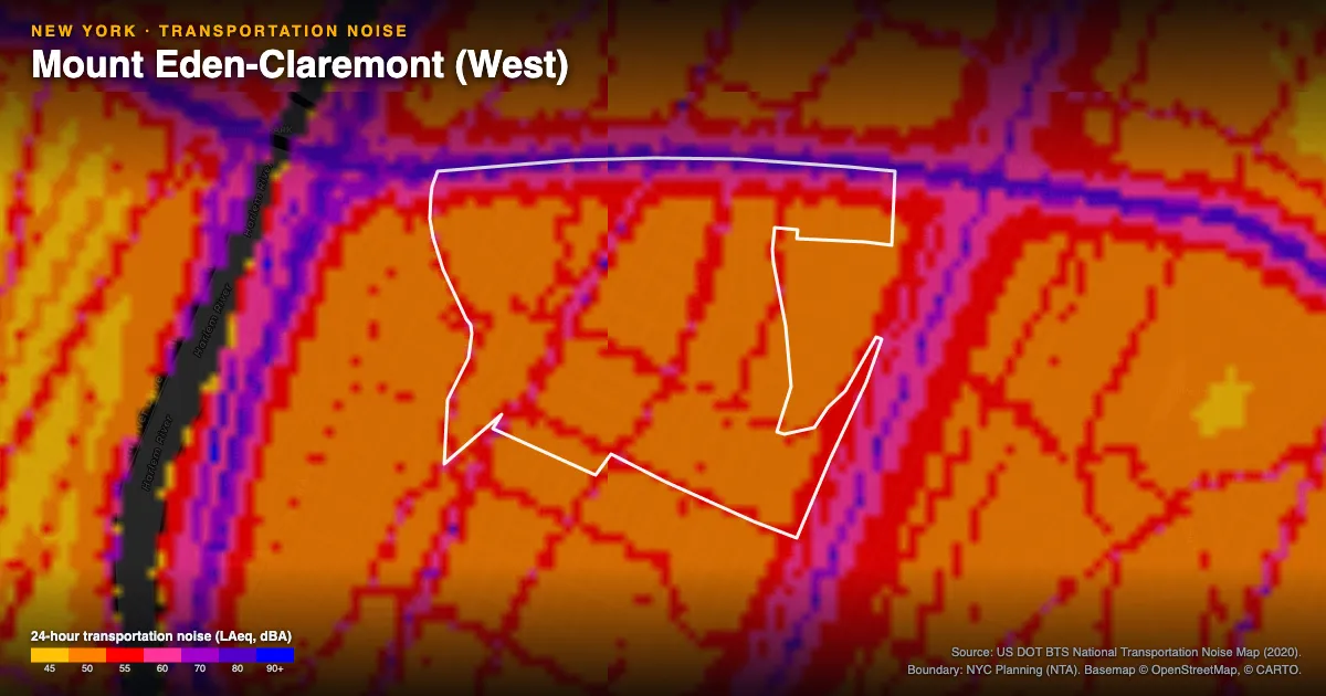 Transportation-noise map of Mount Eden-Claremont (West), New York: the neighborhood outlined in white over modeled road, rail and aircraft noise, colored from amber (about 45 dBA) through red and purple to blue (90 dBA and up).