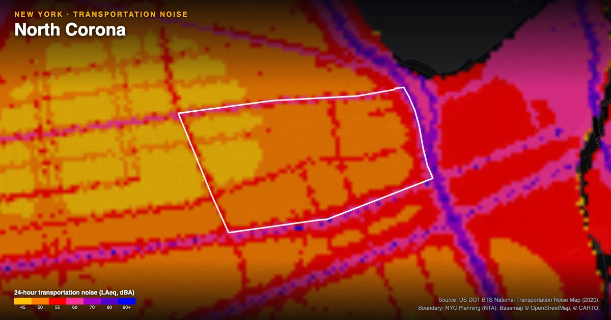 Transportation-noise map of North Corona, New York: the neighborhood outlined in white over modeled road, rail and aircraft noise, colored from amber (about 45 dBA) through red and purple to blue (90 dBA and up).