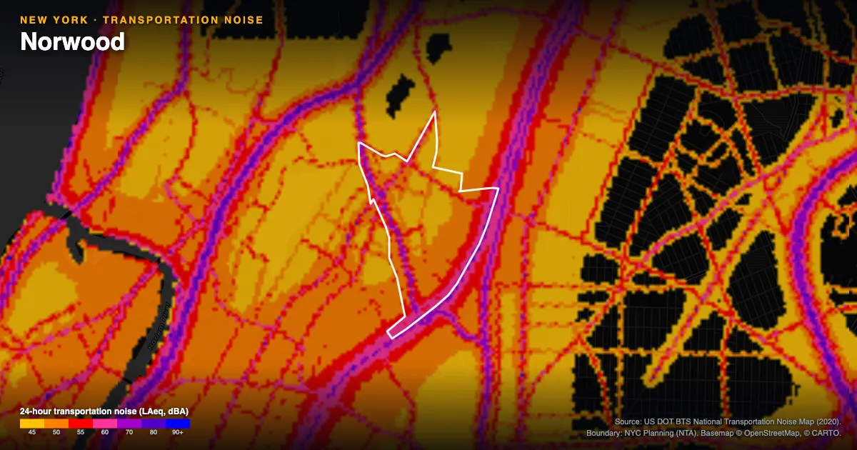 Transportation-noise map of Norwood, New York: the neighborhood outlined in white over modeled road, rail and aircraft noise, colored from amber (about 45 dBA) through red and purple to blue (90 dBA and up).