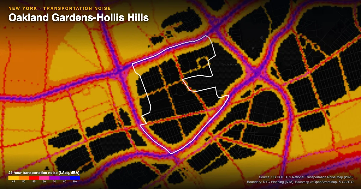 Transportation-noise map of Oakland Gardens-Hollis Hills, New York: the neighborhood outlined in white over modeled road, rail and aircraft noise, colored from amber (about 45 dBA) through red and purple to blue (90 dBA and up).