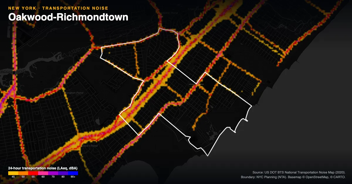 Transportation-noise map of Oakwood-Richmondtown, New York: the neighborhood outlined in white over modeled road, rail and aircraft noise, colored from amber (about 45 dBA) through red and purple to blue (90 dBA and up).