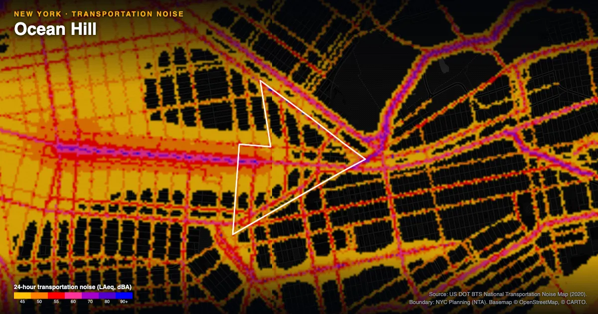 Transportation-noise map of Ocean Hill, New York: the neighborhood outlined in white over modeled road, rail and aircraft noise, colored from amber (about 45 dBA) through red and purple to blue (90 dBA and up).