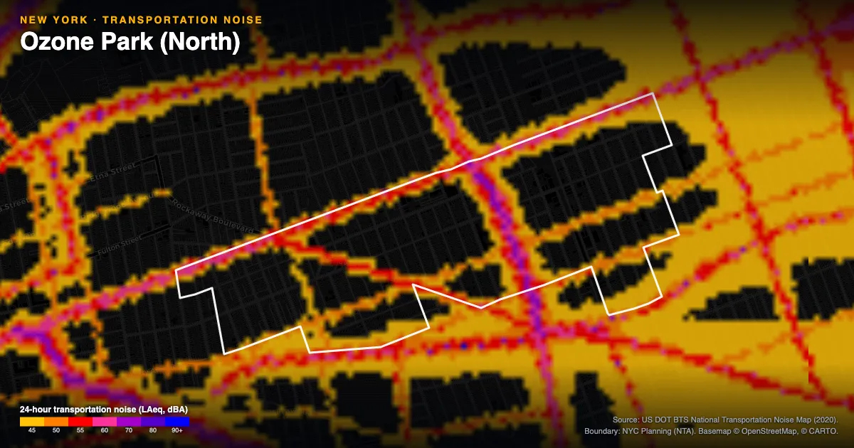 Transportation-noise map of Ozone Park (North), New York: the neighborhood outlined in white over modeled road, rail and aircraft noise, colored from amber (about 45 dBA) through red and purple to blue (90 dBA and up).