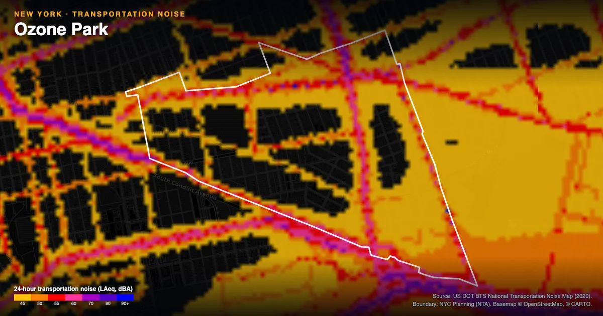 Transportation-noise map of Ozone Park, New York: the neighborhood outlined in white over modeled road, rail and aircraft noise, colored from amber (about 45 dBA) through red and purple to blue (90 dBA and up).