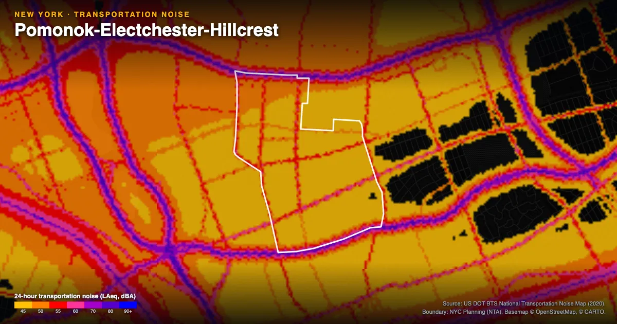 Transportation-noise map of Pomonok-Electchester-Hillcrest, New York: the neighborhood outlined in white over modeled road, rail and aircraft noise, colored from amber (about 45 dBA) through red and purple to blue (90 dBA and up).