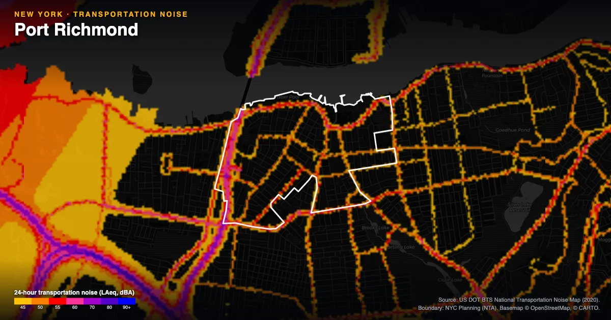 Transportation-noise map of Port Richmond, New York: the neighborhood outlined in white over modeled road, rail and aircraft noise, colored from amber (about 45 dBA) through red and purple to blue (90 dBA and up).