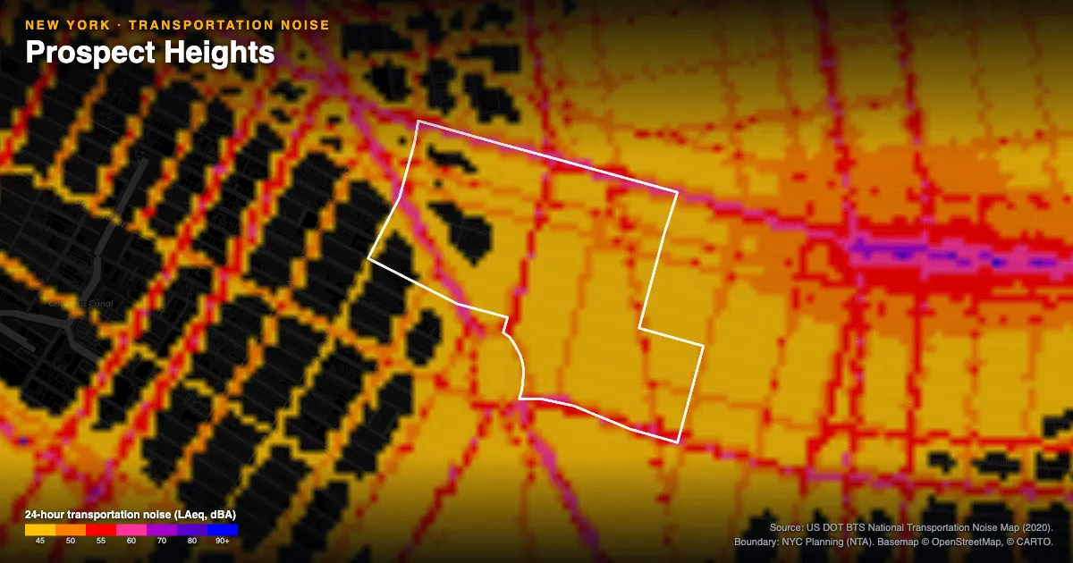 Transportation-noise map of Prospect Heights, New York: the neighborhood outlined in white over modeled road, rail and aircraft noise, colored from amber (about 45 dBA) through red and purple to blue (90 dBA and up).