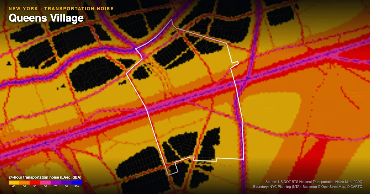 Transportation-noise map of Queens Village, New York: the neighborhood outlined in white over modeled road, rail and aircraft noise, colored from amber (about 45 dBA) through red and purple to blue (90 dBA and up).