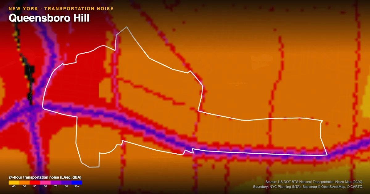 Transportation-noise map of Queensboro Hill, New York: the neighborhood outlined in white over modeled road, rail and aircraft noise, colored from amber (about 45 dBA) through red and purple to blue (90 dBA and up).