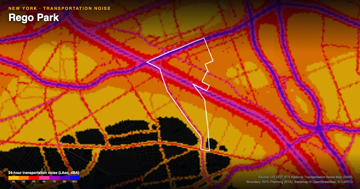 Transportation-noise map of Rego Park, New York: the neighborhood outlined in white over modeled road, rail and aircraft noise, colored from amber (about 45 dBA) through red and purple to blue (90 dBA and up).