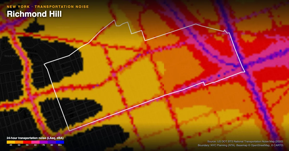 Transportation-noise map of Richmond Hill, New York: the neighborhood outlined in white over modeled road, rail and aircraft noise, colored from amber (about 45 dBA) through red and purple to blue (90 dBA and up).