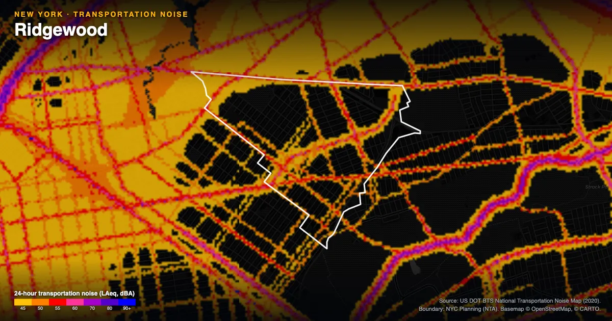 Transportation-noise map of Ridgewood, New York: the neighborhood outlined in white over modeled road, rail and aircraft noise, colored from amber (about 45 dBA) through red and purple to blue (90 dBA and up).