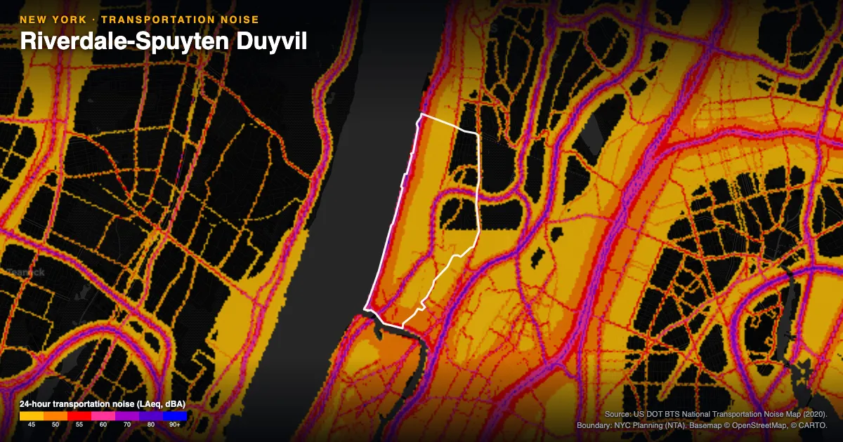 Transportation-noise map of Riverdale-Spuyten Duyvil, New York: the neighborhood outlined in white over modeled road, rail and aircraft noise, colored from amber (about 45 dBA) through red and purple to blue (90 dBA and up).