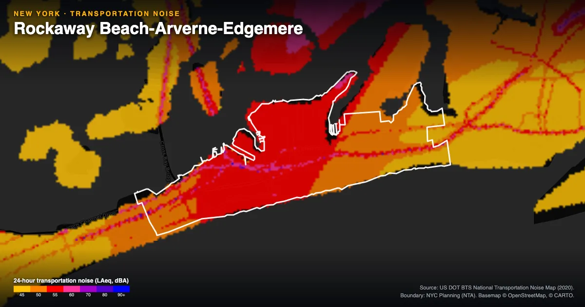 Transportation-noise map of Rockaway Beach-Arverne-Edgemere, New York: the neighborhood outlined in white over modeled road, rail and aircraft noise, colored from amber (about 45 dBA) through red and purple to blue (90 dBA and up).