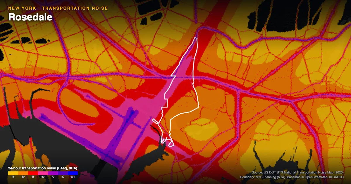 Transportation-noise map of Rosedale, New York: the neighborhood outlined in white over modeled road, rail and aircraft noise, colored from amber (about 45 dBA) through red and purple to blue (90 dBA and up).