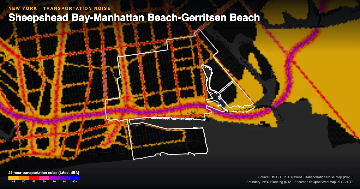 Transportation-noise map of Sheepshead Bay-Manhattan Beach-Gerritsen Beach, New York: the neighborhood outlined in white over modeled road, rail and aircraft noise, colored from amber (about 45 dBA) through red and purple to blue (90 dBA and up).