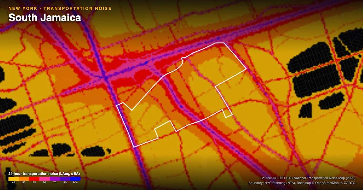 Transportation-noise map of South Jamaica, New York: the neighborhood outlined in white over modeled road, rail and aircraft noise, colored from amber (about 45 dBA) through red and purple to blue (90 dBA and up).