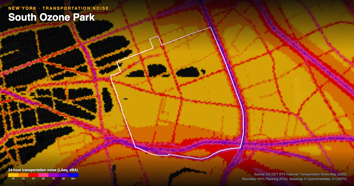 Transportation-noise map of South Ozone Park, New York: the neighborhood outlined in white over modeled road, rail and aircraft noise, colored from amber (about 45 dBA) through red and purple to blue (90 dBA and up).