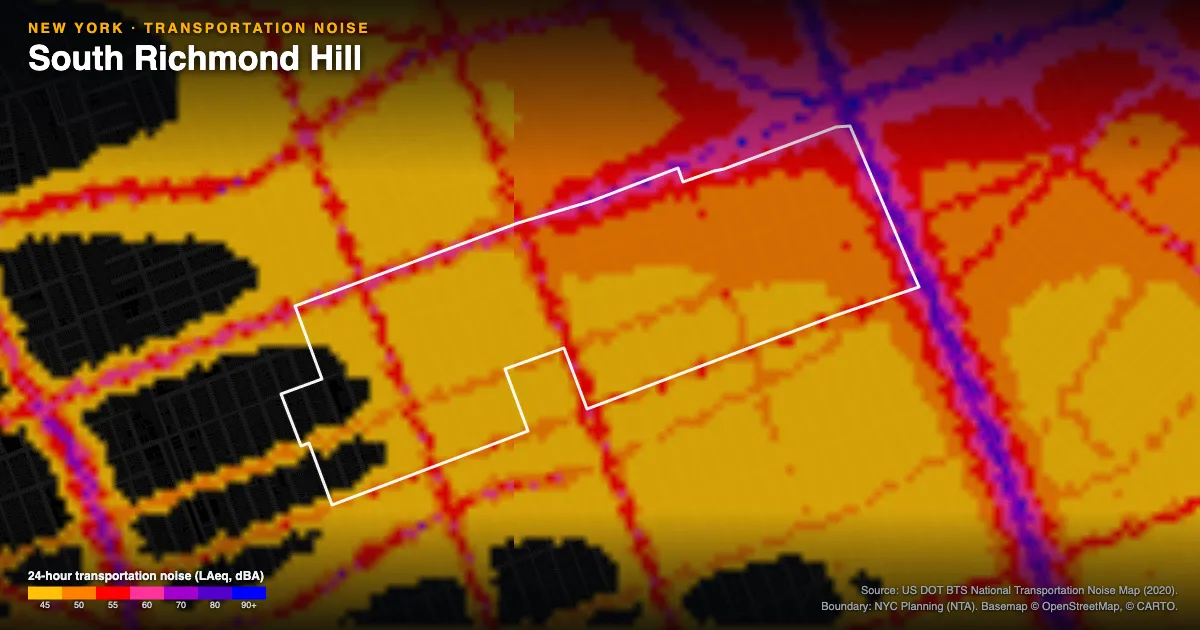 Transportation-noise map of South Richmond Hill, New York: the neighborhood outlined in white over modeled road, rail and aircraft noise, colored from amber (about 45 dBA) through red and purple to blue (90 dBA and up).