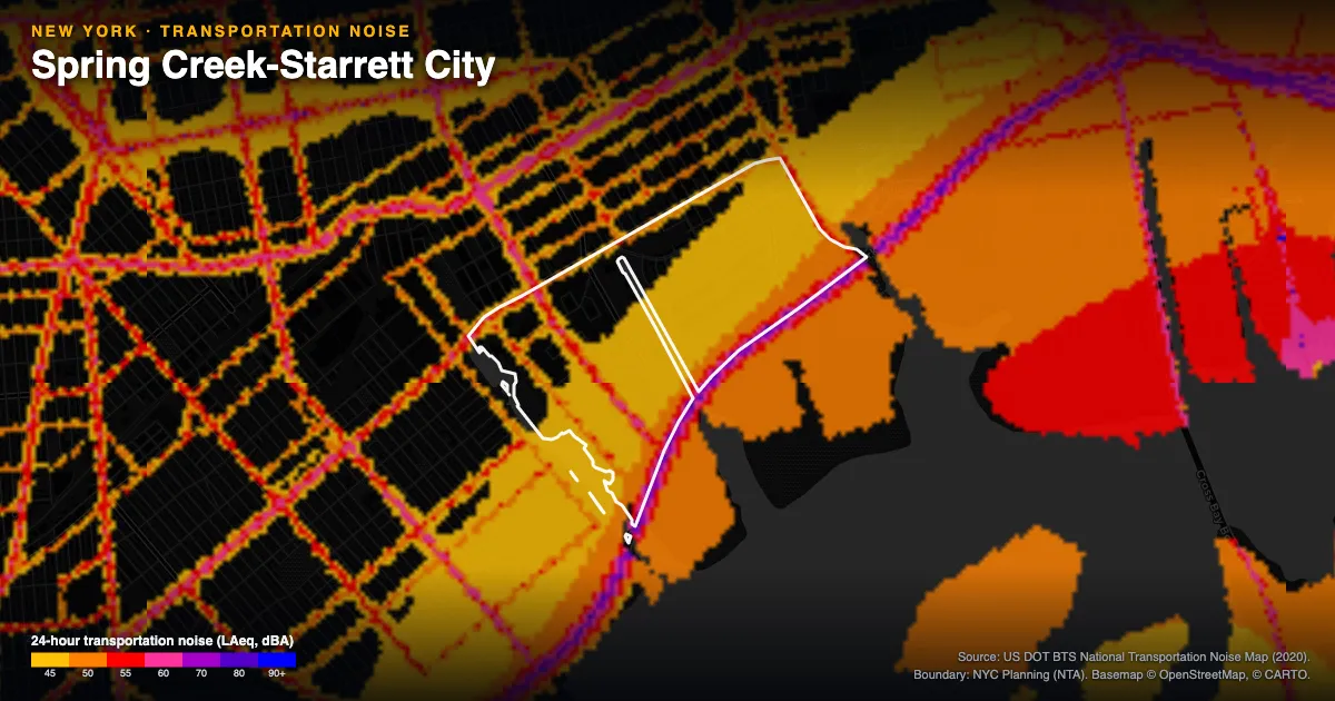 Transportation-noise map of Spring Creek-Starrett City, New York: the neighborhood outlined in white over modeled road, rail and aircraft noise, colored from amber (about 45 dBA) through red and purple to blue (90 dBA and up).