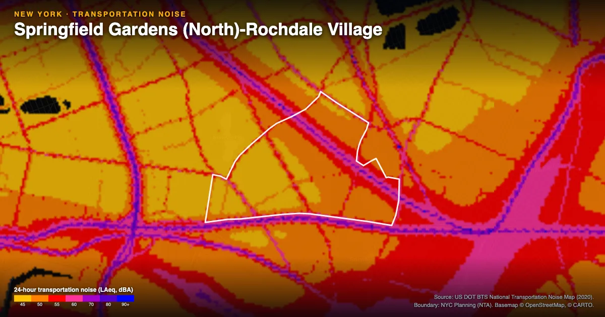 Transportation-noise map of Springfield Gardens (North)-Rochdale Village, New York: the neighborhood outlined in white over modeled road, rail and aircraft noise, colored from amber (about 45 dBA) through red and purple to blue (90 dBA and up).