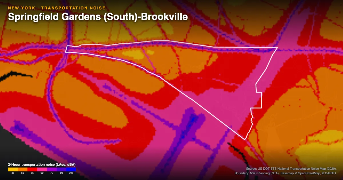 Transportation-noise map of Springfield Gardens (South)-Brookville, New York: the neighborhood outlined in white over modeled road, rail and aircraft noise, colored from amber (about 45 dBA) through red and purple to blue (90 dBA and up).