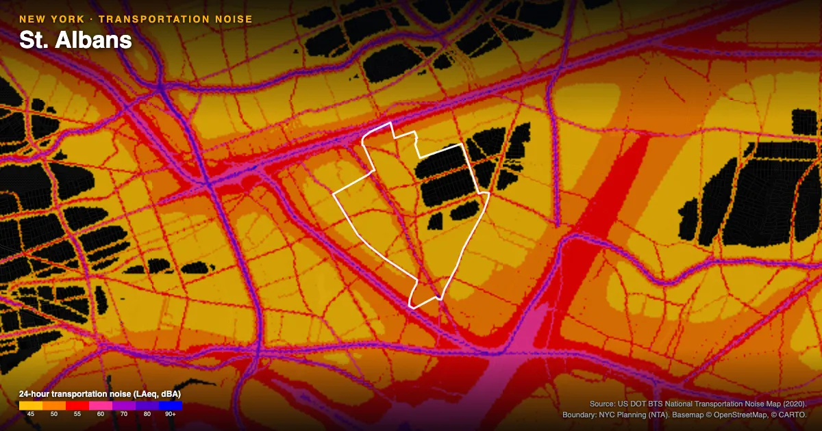Transportation-noise map of St. Albans, New York: the neighborhood outlined in white over modeled road, rail and aircraft noise, colored from amber (about 45 dBA) through red and purple to blue (90 dBA and up).