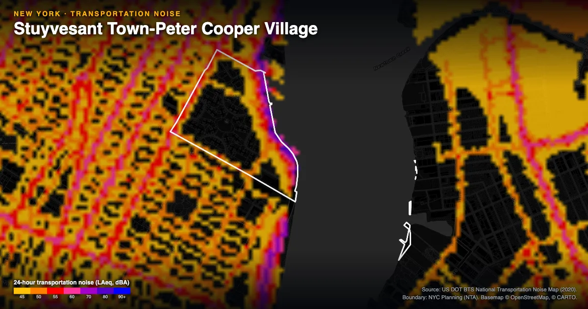 Transportation-noise map of Stuyvesant Town-Peter Cooper Village, New York: the neighborhood outlined in white over modeled road, rail and aircraft noise, colored from amber (about 45 dBA) through red and purple to blue (90 dBA and up).