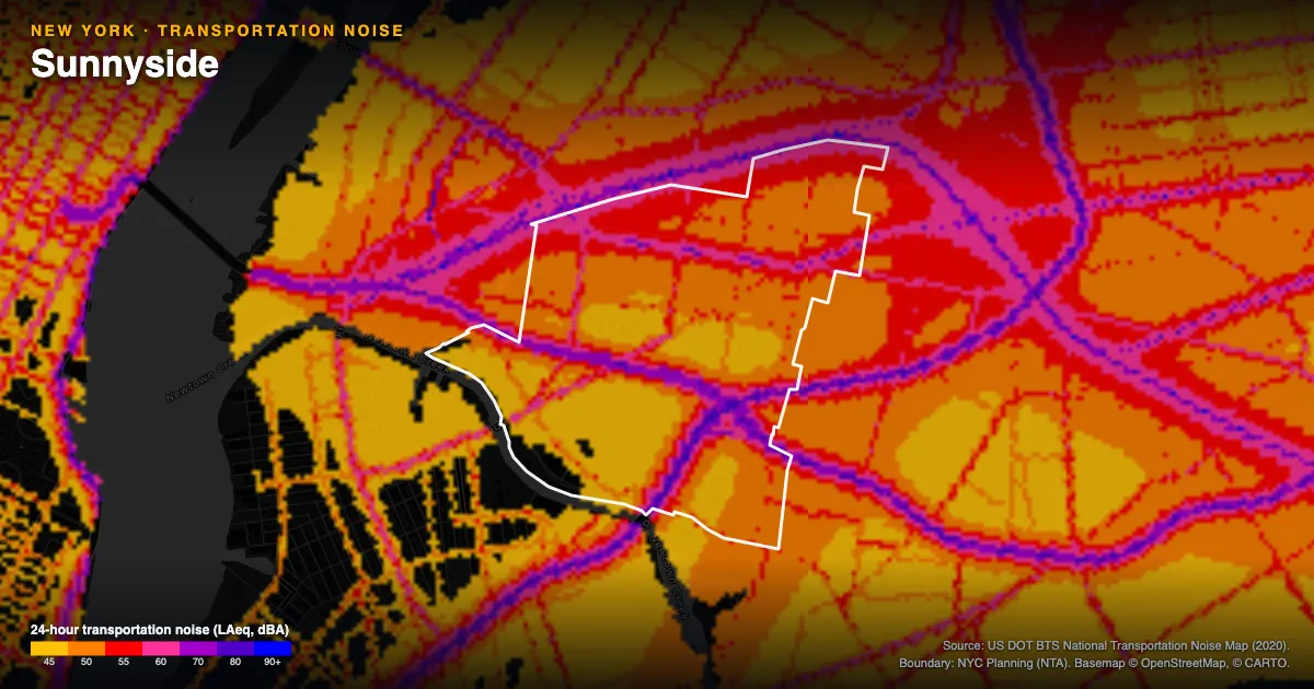 Transportation-noise map of Sunnyside, New York: the neighborhood outlined in white over modeled road, rail and aircraft noise, colored from amber (about 45 dBA) through red and purple to blue (90 dBA and up).