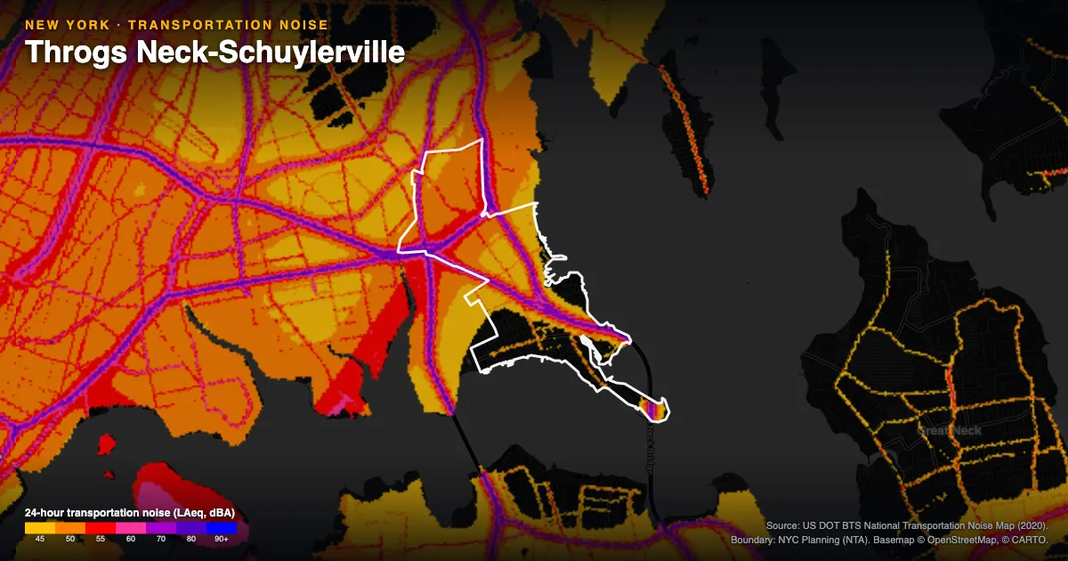 Transportation-noise map of Throgs Neck-Schuylerville, New York: the neighborhood outlined in white over modeled road, rail and aircraft noise, colored from amber (about 45 dBA) through red and purple to blue (90 dBA and up).