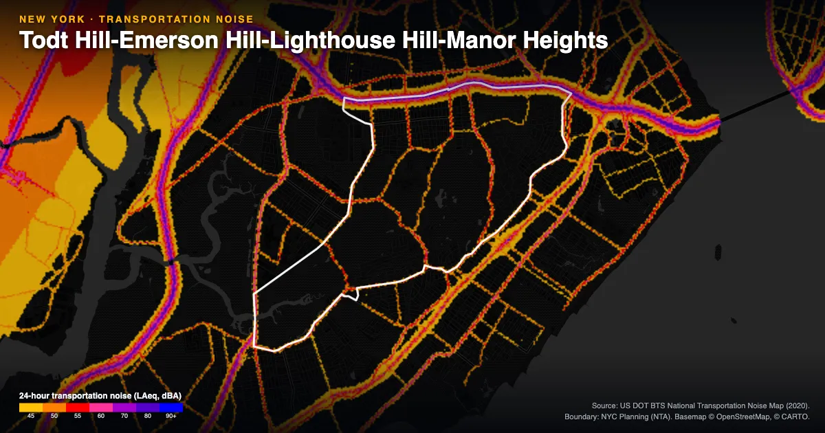 Transportation-noise map of Todt Hill-Emerson Hill-Lighthouse Hill-Manor Heights, New York: the neighborhood outlined in white over modeled road, rail and aircraft noise, colored from amber (about 45 dBA) through red and purple to blue (90 dBA and up).