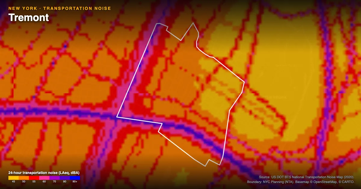 Transportation-noise map of Tremont, New York: the neighborhood outlined in white over modeled road, rail and aircraft noise, colored from amber (about 45 dBA) through red and purple to blue (90 dBA and up).