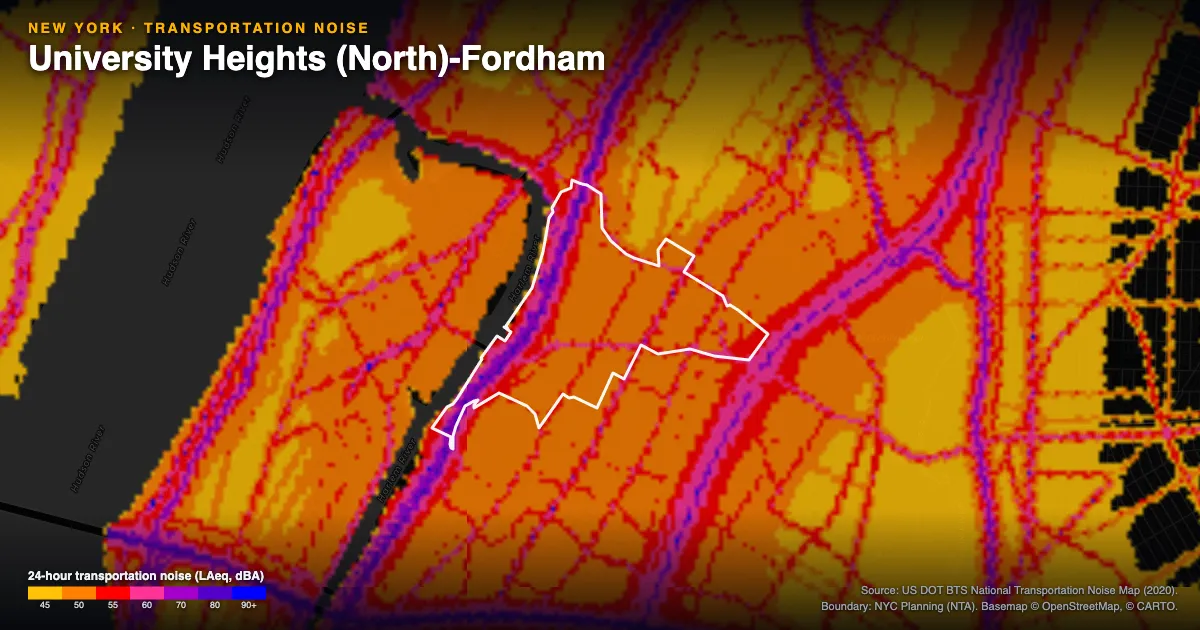 Transportation-noise map of University Heights (North)-Fordham, New York: the neighborhood outlined in white over modeled road, rail and aircraft noise, colored from amber (about 45 dBA) through red and purple to blue (90 dBA and up).