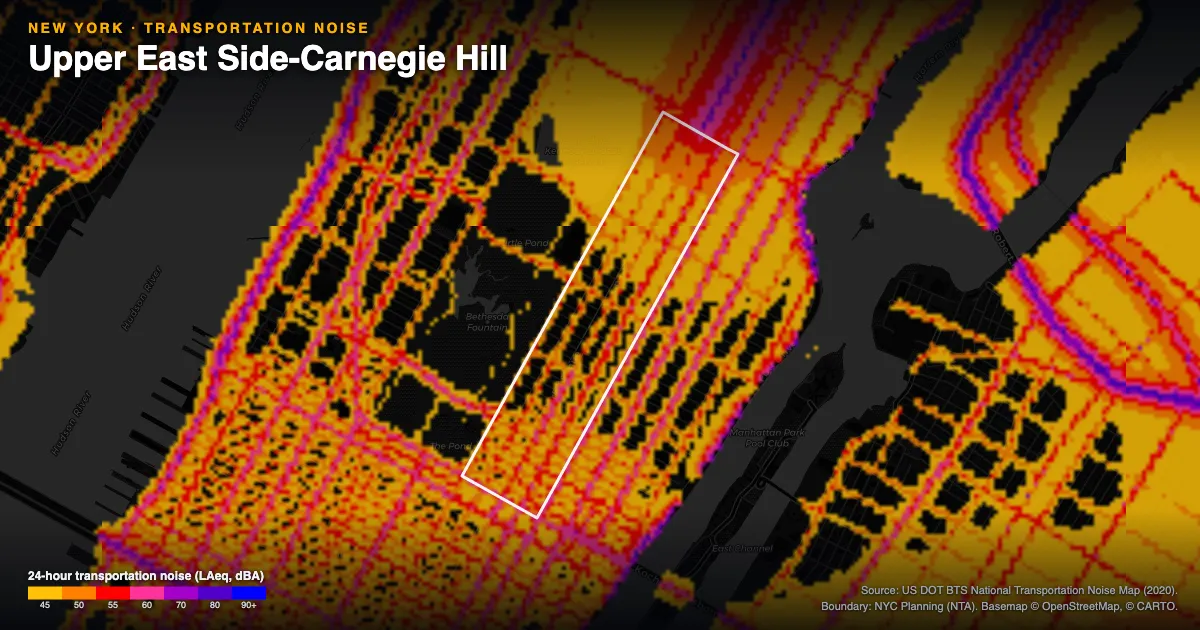 Transportation-noise map of Upper East Side-Carnegie Hill, New York: the neighborhood outlined in white over modeled road, rail and aircraft noise, colored from amber (about 45 dBA) through red and purple to blue (90 dBA and up).