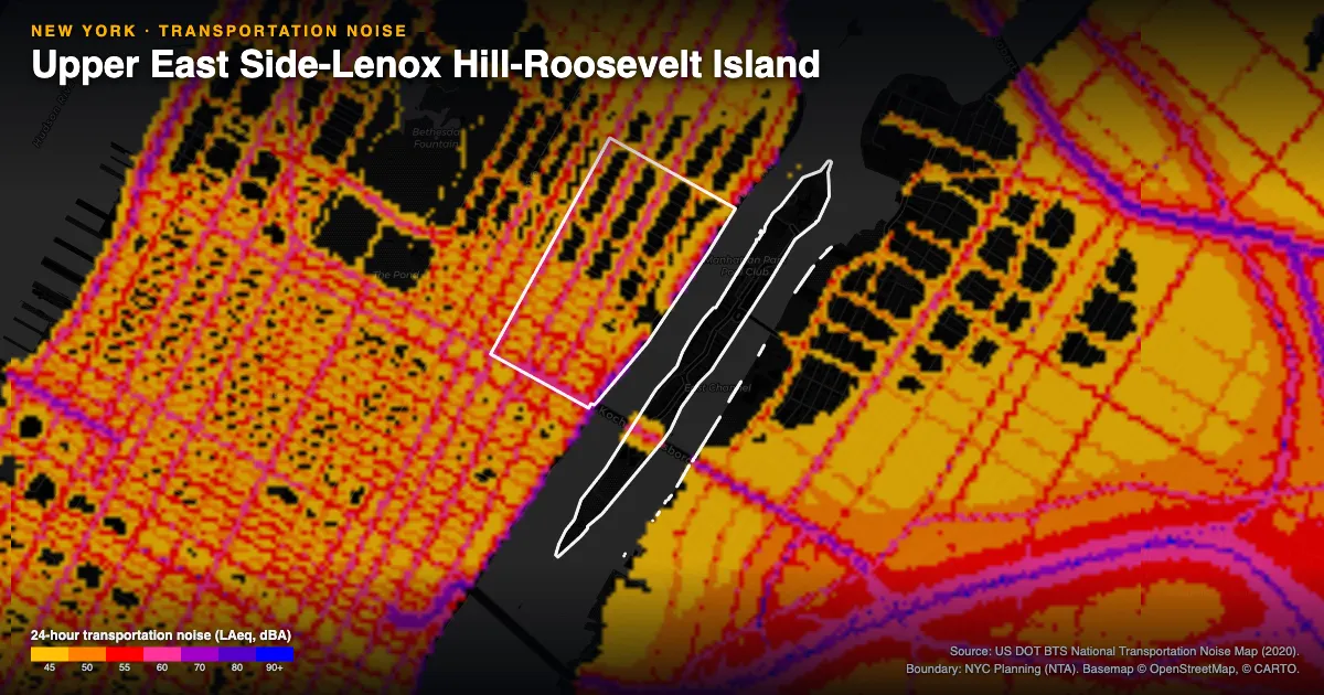 Transportation-noise map of Upper East Side-Lenox Hill-Roosevelt Island, New York: the neighborhood outlined in white over modeled road, rail and aircraft noise, colored from amber (about 45 dBA) through red and purple to blue (90 dBA and up).