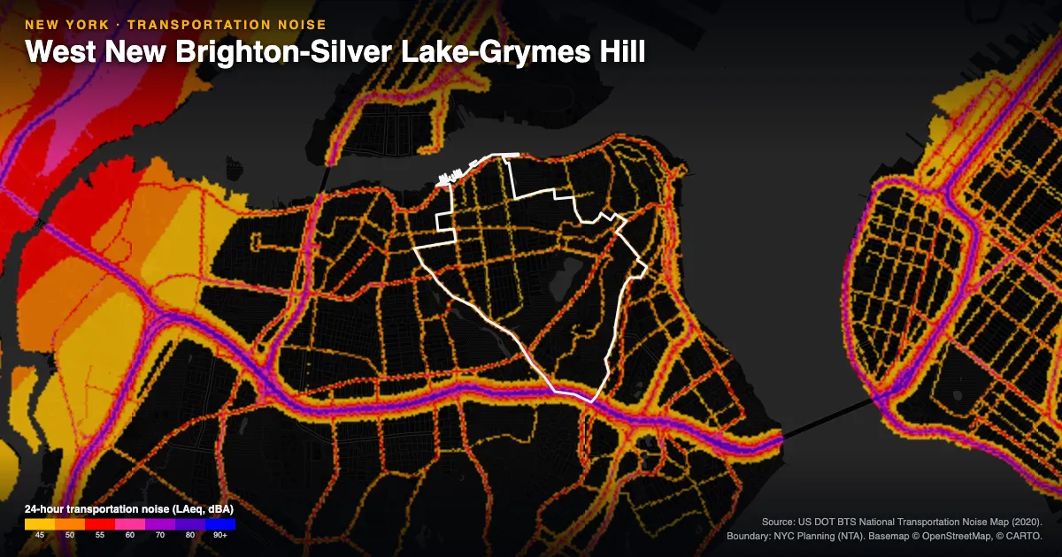 Transportation-noise map of West New Brighton-Silver Lake-Grymes Hill, New York: the neighborhood outlined in white over modeled road, rail and aircraft noise, colored from amber (about 45 dBA) through red and purple to blue (90 dBA and up).