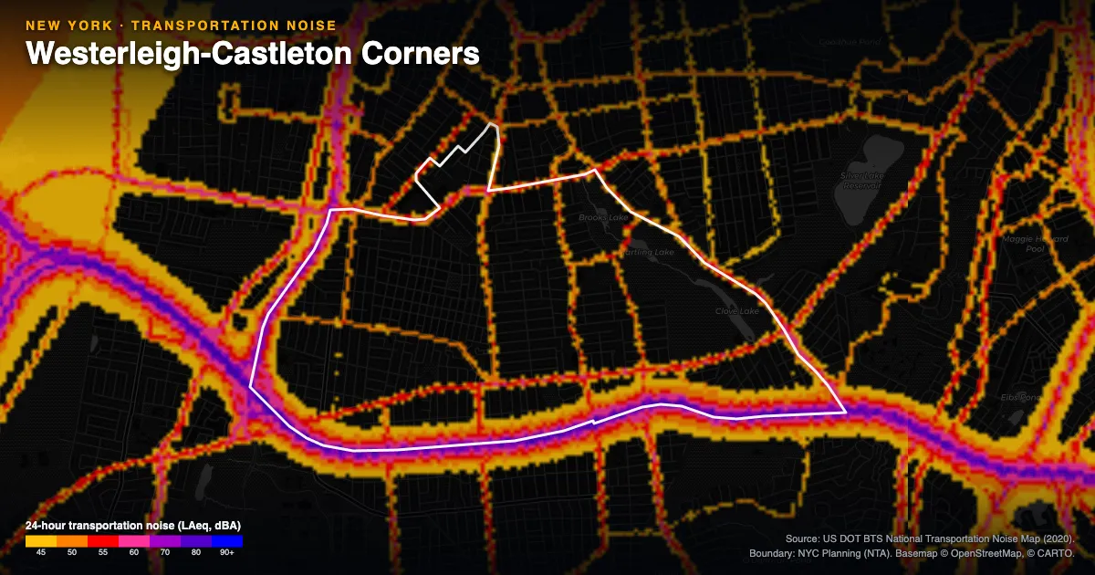 Transportation-noise map of Westerleigh-Castleton Corners, New York: the neighborhood outlined in white over modeled road, rail and aircraft noise, colored from amber (about 45 dBA) through red and purple to blue (90 dBA and up).
